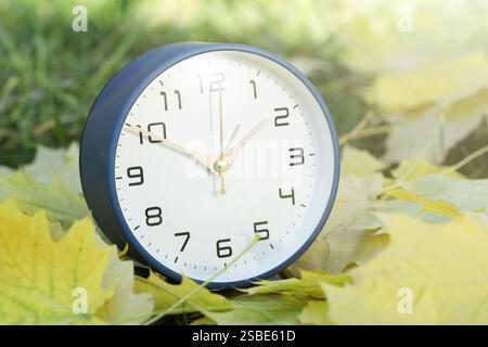 Autumn time. Alarm clock among fallen leaves, closeup Stock Photo