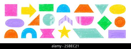 Color pencil texture figure set. Hand drawn sketch doodle crayon texture brush kid geometric shape circle, triangle, square pastel background. Childish crayon pencil figure vector illustration Stock Vector