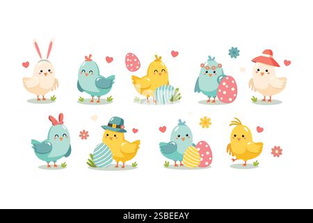 Colorful easter cute chicks birds character. Happy Easter concept. Stock Vector
