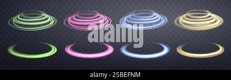 Glowing magic rings set. Neon realistic energy flare rings with sparkling particles. Abstract light effect on a dark transparent background. Vector Stock Vector