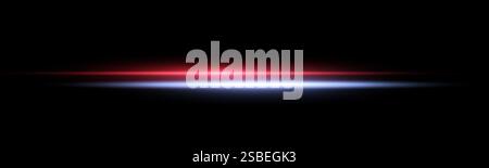 Red and blue horizontal laser beam, light reflections, lensflare. Red and blue police glow flare light effect. Isolated on black background. Stock Vector