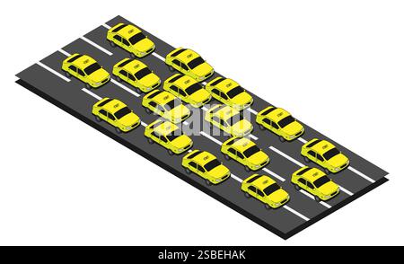 Isometric passenger taxi cars urban traffic high angle view. Passenger highway transportation. Cartoon 3D vector isolated on white background Stock Vector