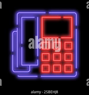 Neon glowing fixed wired office telephone with buttons. Communication between subscribers. Glowing neon icon isolated on black background Stock Vector
