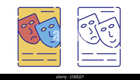 Thin line stroked color icon. Theatrical advertising poster. Announcement of premiere with theatrical masks. Simple vector isolated on white backgroun Stock Vector