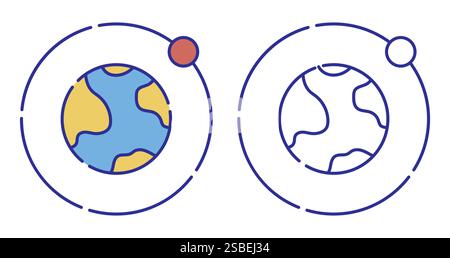 Thin line stroked color icon. Moon rotates in orbit around planet Earth. Satellite of planet. Simple vector isolated on white background Stock Vector