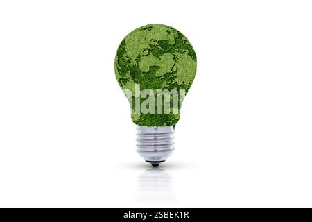 Renewable Energy Environmental protection renewable sustainable energy sources. The green world map is on a light bulb that represents green energy Re Stock Photo