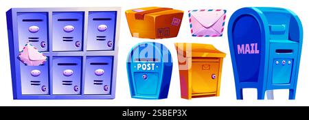 Postal mail delivery set - bright colored street and wall postboxes and mailboxes, apartment lockers, letter in envelope and parcel cardboard container. Correspondence and package shipping elements. Stock Vector