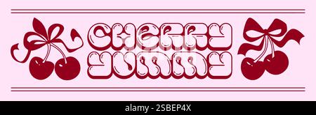 Monochrome red cherry print composition with lettering and decorative silhouette of fruit pairs tied with bows and ribbon. Retro bubble text design on pink background. Sweet vintage candy store style. Stock Vector