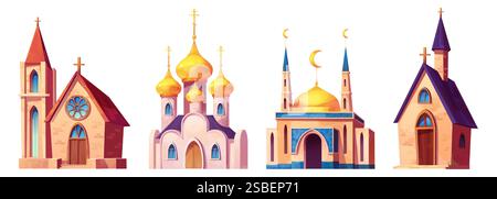 Church building cartoon set with Catholic chapel, Orthodox cathedral with golden domes, Muslim mosque with crescents and small Christian chapel. Religious architecture with different traditional style Stock Vector