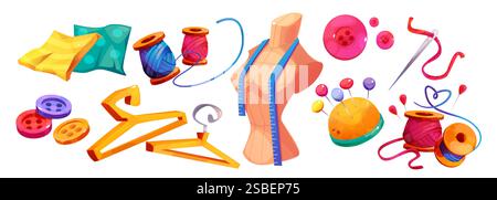 Sewing accessories cartoon set - colorful thread spools, fabric pieces, mannequin with measuring tape, wooden hangers, pin cushion with needles, plastic buttons for dressmaking craft supplies. Stock Vector