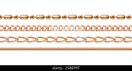Golden chain jewel collection - yellow metallic links pattern, precious necklace variations, decorative beaded row, interlocking circular elements. Luxury accessories set for jewelry store design. Stock Vector