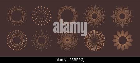 Sunburst icon clipart set. Vintage sunburst clip art logo and symbol collection with radial abstract sunrays vector illustration in dark background. Stock Vector