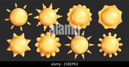 Sun icon clipart set. 3d yellow sun clip art symbol collection elements vector illustration with variety of sunrays in black background. Stock Vector