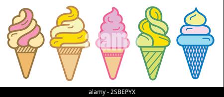 Ice cream logo clipart set. Colorful cone ice cream icon clip art in pictogram style vector illustration color pastel sweet dessert collection. Stock Vector