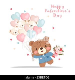 Teddy bear with bouquet and balloons illustration, isolated on white background Stock Vector