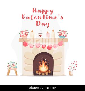 Valentine’s Day fireplace with decorations illustration, isolated on white background Stock Vector