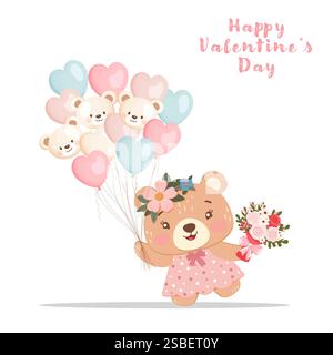 Cute teddy bear girl with bouquet and balloons illustration, isolated on white background Stock Vector