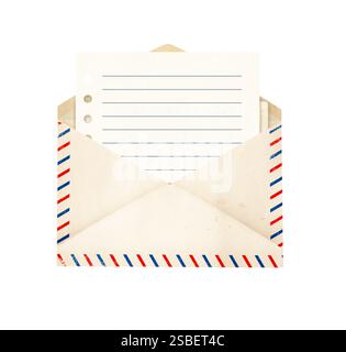 Front view of blank vintage aged opened letter paper envelope with striped edges, notepad page and retro card inside. Old envelope with blank card. Is Stock Photo