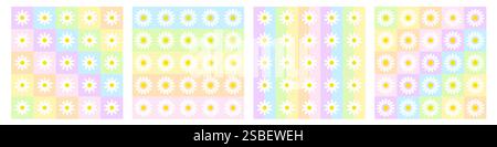 Rainbow color checkerboard seamless pattern collection with daisy flowers Stock Vector