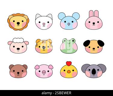 Cute animal head collection trendy style Stock Vector
