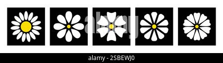 Daisy chamomile on black backdrop icon set. Stock Vector