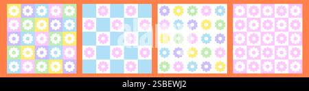 Rainbow color checkerboard seamless pattern collection with daisy flowers Stock Vector