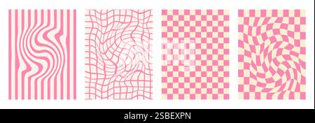 Checkerboard background set. Psychedelic checker pattern posters templates. Vintage distorted grid and stripes. Pink y2k vertical textures. Vector pla Stock Vector