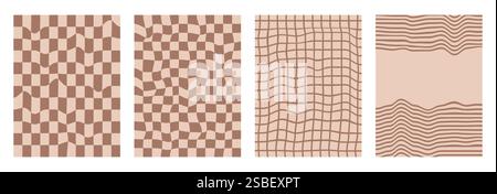 Checkerboard background set. Psychedelic checker posters templates. Vintage distorted grid and stripes y2k vertical textures. Vector 70s style playful Stock Vector