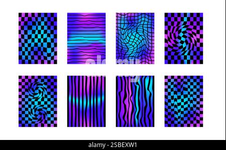 Checkerboard neon background set. Psychedelic holographic checker gradient posters templates. Surreal chessboard with distorted grid and stripes. Vect Stock Vector