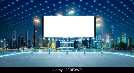 Empty billboard in electric vehicle charging station with glowing lines and futuristic cityscape at night. 3D rendering Stock Photo