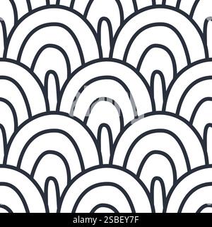 Sea scallop seamless pattern. Ocean wave endless background. Simple arch repeat cover. Seigaiha oriental continuous ornament. Surface pattern line des Stock Vector