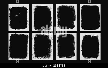 Photo grunge effect frames set template. Ink rolled paint edges punk border for music poster and banner. Retro textured overlays. Rectangular old box Stock Vector