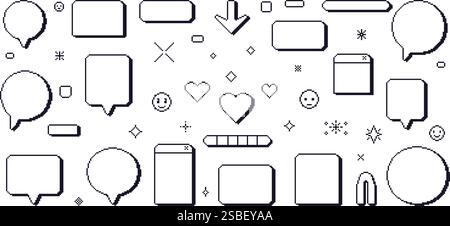 Pixel art speech bubbles. 8 bit text boxes with hearts, arrow and sparkles. Rectangle and round chat frames. Dialog balloon icons in retro 90s style. Stock Vector
