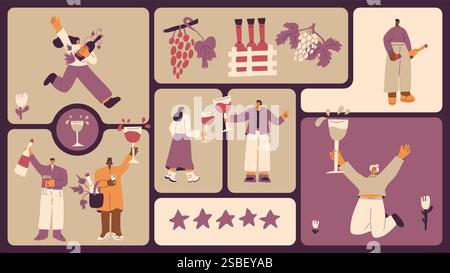 Wine club. People tasting beverages on bento grid box background. Rating event on modular mosaic grid. Party with alcohol drinks. Women and men with w Stock Vector