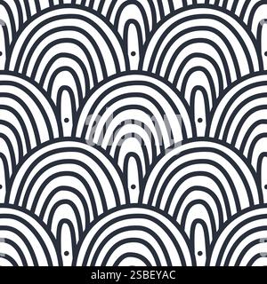 Sea scallop seamless pattern. Ocean wave endless background. Simple arch repeat cover. Seigaiha oriental continuous ornament. Surface pattern line des Stock Vector