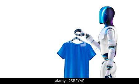 A humanoid robot with artificial intelligence or AI. A humanoid servant robot stacks laundry and hangs a T-shirt on a hanger. An anthropomorphic AI ro Stock Vector