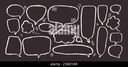 Speech bubbles doodle set. Crayon doodle text frames. Chat dialog boxes. Comic talk text boxes by chalk isolated on dark background. Childish style qu Stock Vector