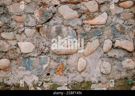 Close-up of a textured stone wall with moss. Stock Photo