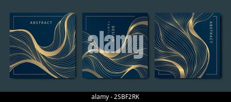 Vector set of wave line luxury cards, abstract gold on blue art deco graphic. Square frames elegant brochures, labels, package Stock Vector