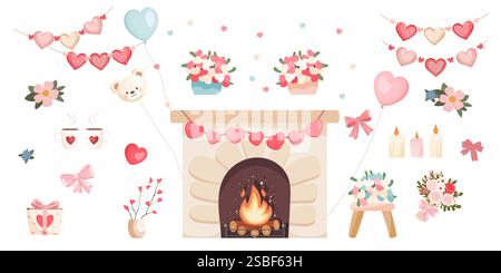 Set of Valentine’s Day decorative elements, isolated on white background Stock Vector