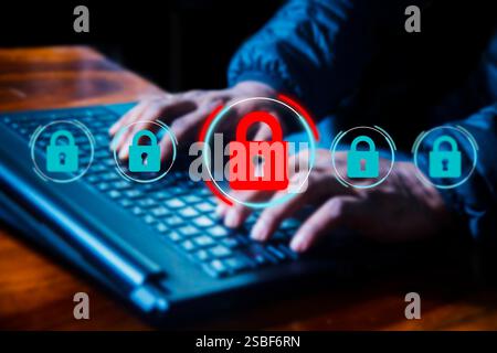 Digital lock icons in red and blue, displayed on a screen with a person interacting, symbolizing cybersecurity, data protection, and online safety Bus Stock Photo