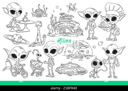 Aliens and martians living in space with big heads and huge eyes near fantastic buildings or cars. Aliens riding bicycle and raising children near cute extraterrestrial chef from mars. Hand drawn Stock Vector