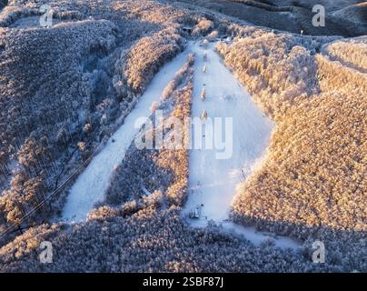 Ski slope at sunrise with snow covered frosty forest from drone Stock Photo