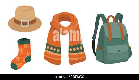 Collection of Autumn clothing objects scarf, sock, backpack and hat Stock Vector