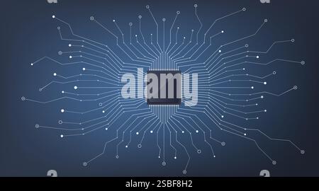 An abstract illustration featuring a microchip surrounded by complex circuitry and digital connections. Stock Vector