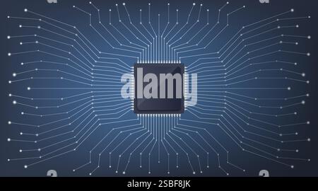 A contemporary microprocessor is encircled by complex circuits which are set against a striking blue background Stock Vector