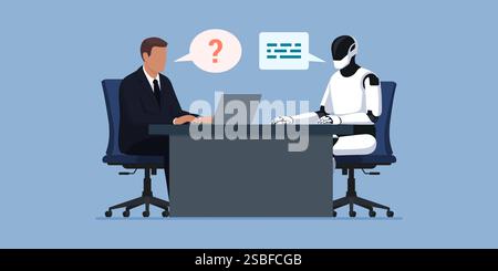Corporate businessman and humanoid AI robot sitting at desk and working together Stock Vector