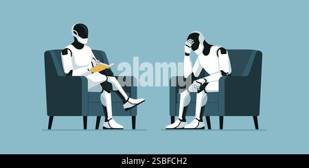 Humanoid AI robots talking together in a psychotherapy session, artificial psychology concept Stock Vector