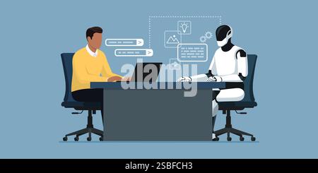 Man and robotic humanoid working together in the office, the man is typing prompts and the AI robot is generating a response Stock Vector