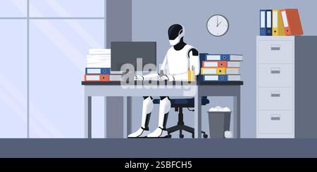 Efficient creative humanoid AI robot sitting at the office desk and working, automation and artificial intelligence concept Stock Vector